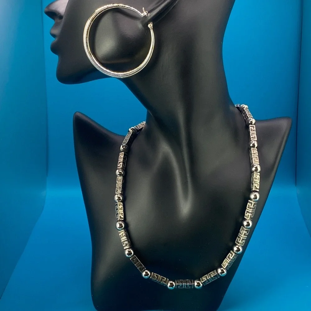 Silver Tone Greek Key Meander Bead Necklace & Large‎ Hoop Earring Set Pre-Owned